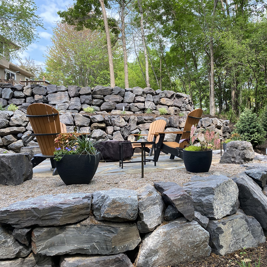 Natural Stone Wall & Fire Pit by Meadow Green Landscape